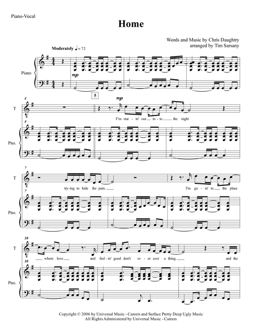 Home (Arr. Tim Sarsany) - Daughtry (Choral, TTBB)