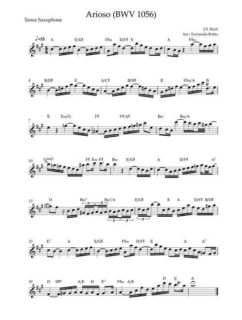 Arioso (J.S. Bach - BWV 1056) for Tenor Saxophone Solo with Chords (Arr. Fernando Britto) - JS Bach (Tenor Sax Solo)