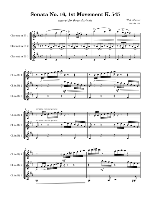 Piano Sonata No.16 in C major, K.545, 1st Mvt., for three clarinets – Wolfgang Amadeus Mozart