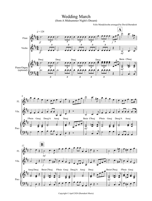 Wedding March (from A Midsummer Night's Dream) for Flute and Violin Duet (Arr. David Burndrett) - Felix Mendelssohn (Instrumental Duet)