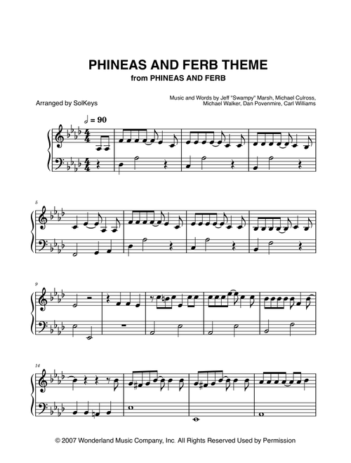 Phineas And Ferb Theme (Arr. SolKeys) - Carl Williams, Michael Walker, Jeff "Swampy" Marsh (Easy Piano)