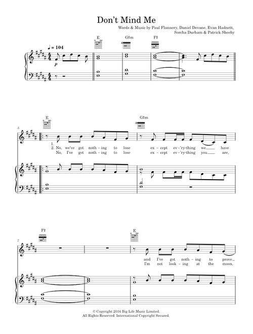 Don't Mind Me - Walking On Cars (Piano-Vocal-Guitar (Piano Accompaniment))