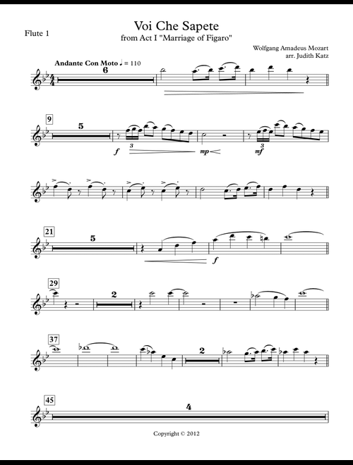 Voi Che Sapete - Parts (Arr. Judith Katz) - Wolfgang Amadeus Mozart (Large Ensemble)