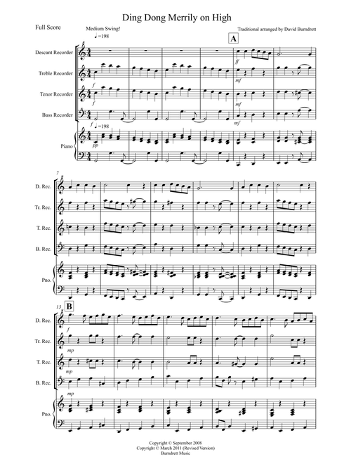 Ding Dong Merrily on High (Jazzy Style!) for Recorder Quartet (Arr. David Burndrett) - Traditional (Recorder Solo)
