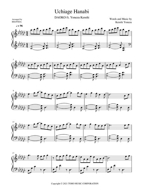 Uchiage Hanabi (Arr. Bhawida) - Kenshi Yonezu (Piano Solo)