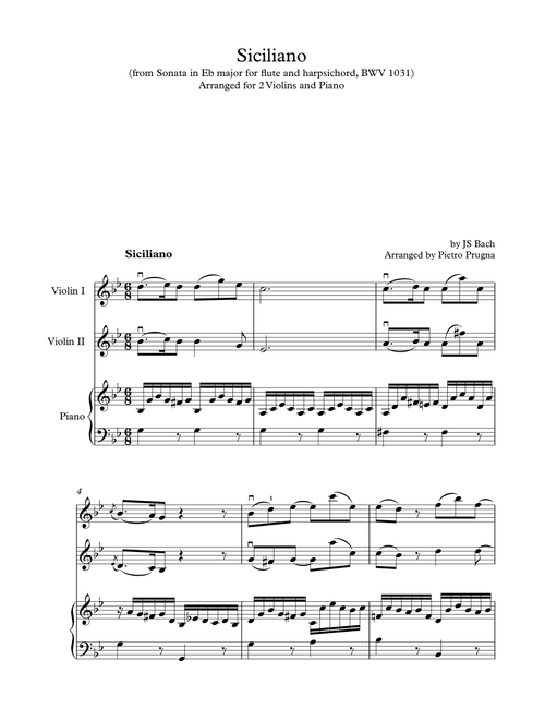 Siciliano (Sonata in Eb major) BWV 1031 - arr 2 violins & piano (Part of "I'll Second This" Series) (Arr. Pietro Prugna) - JS Bach (Instrumental Duet and Piano)