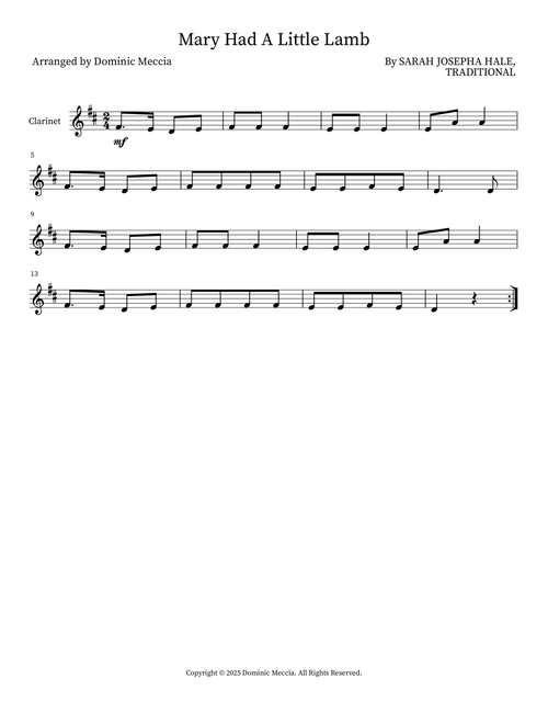 Mary Had A Little Lamb (Arr. Dominic Meccia) - Traditional (Clarinet Solo)