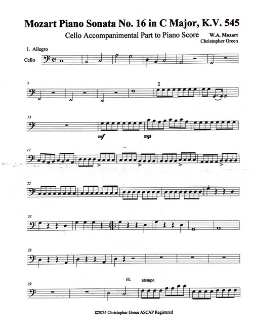 Mozart Piano Sonata No. 16 in C Major, Allegro (Arr. Christopher W Green) - WA Mozart (Cello Solo)