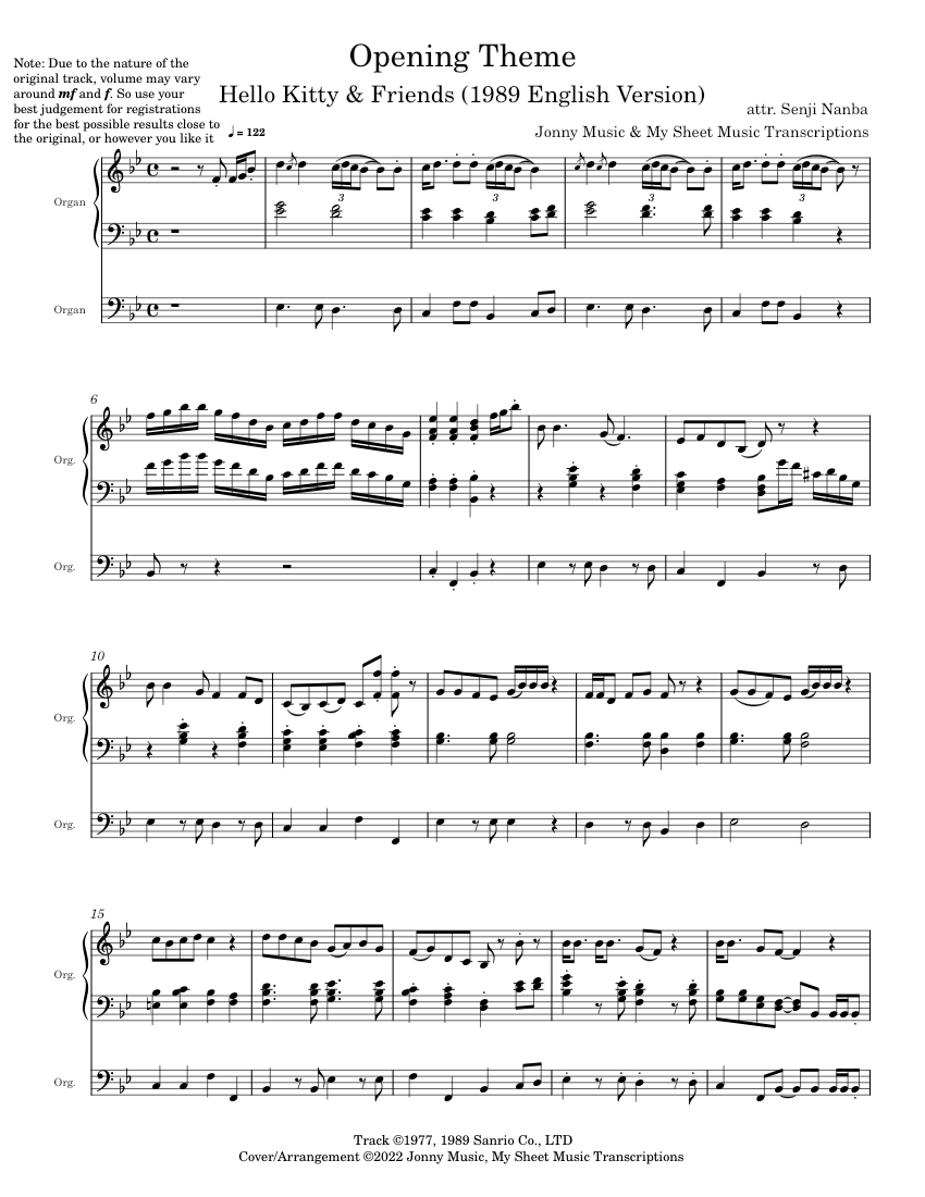Opening Theme (Hello Kitty & Friends) Organ Cover Sheet Music for Organ ...
