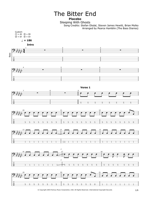 The Bitter End (Arr. The Bass Diaries) - Brian Molko, Stefan Olsdal, Steven James Hewitt (Bass Tab)