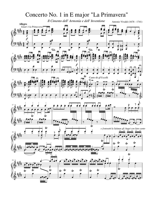 Vivaldi - Violin Concerto in E major, Op. 8, No. 1, RV. 269 "Spring" for Solo Piano