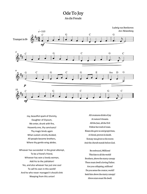 Beethoven - Ode to Joy for trumpet with chords in C major. (Arr. Heisenberg) (Trumpet Solo)