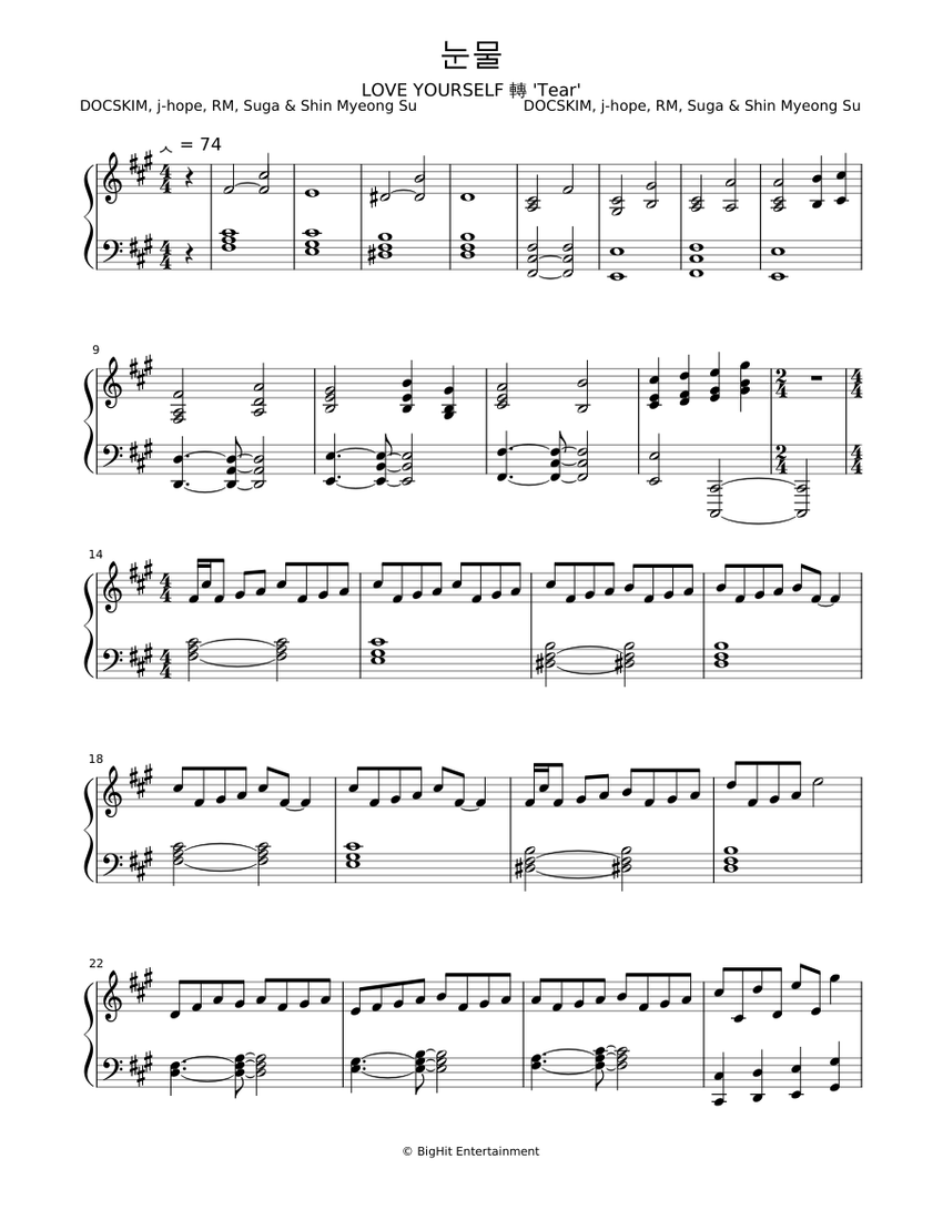 BTS (방탄소년단) - '눈물 (Tear)' for Piano Sheet Music for