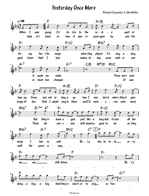 Yesterday Once More (Lead sheet with lyrics )