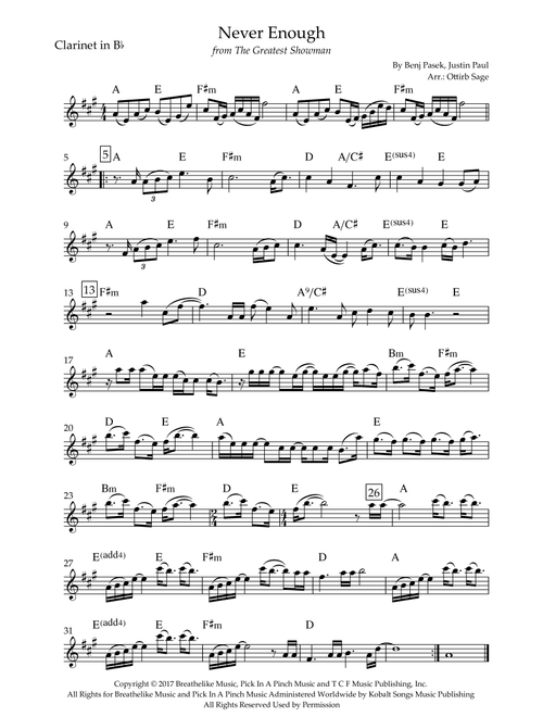 Never Enough (Arr. Ottirb Sage) - The Greatest Showman Ensemble (Clarinet Solo)