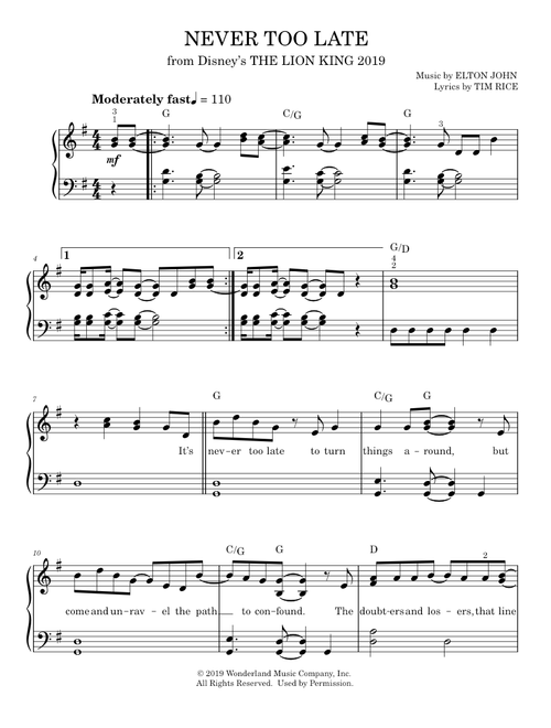 Never too late - Elton John (Easy Piano)