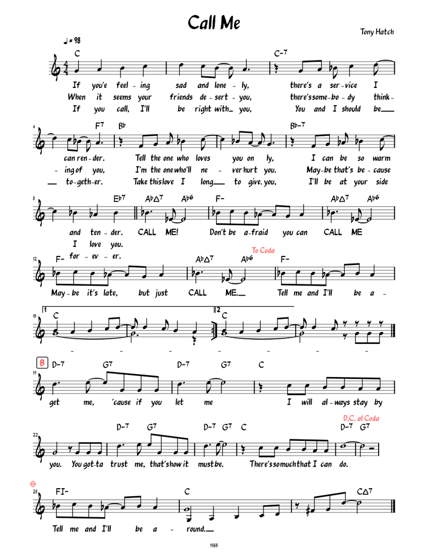 Call Me (Lead sheet with lyrics ) Sheet Music with Chords for Piano ...