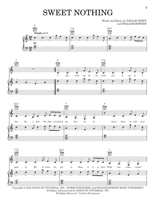 Sweet Nothing - Taylor Swift (Piano-Vocal-Guitar)