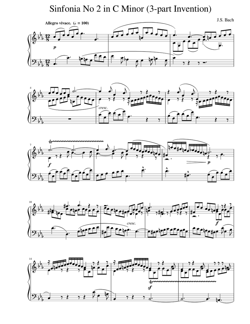 J.S. Bach Sinfonia No. 2 in C Minor (3-part Invention) Sheet Music