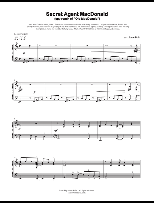 Secret Agent MacDonald (spy remix of "Old MacDonald") - early intermediate version (Arr. Anne Britt) - Unknown (Piano Solo)