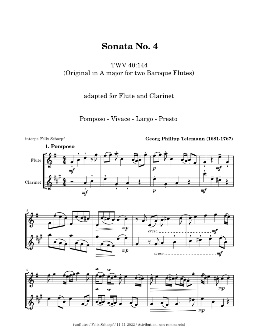 Sonata No. 4, TWV 40144 Philipp Telemann adapted for Flute