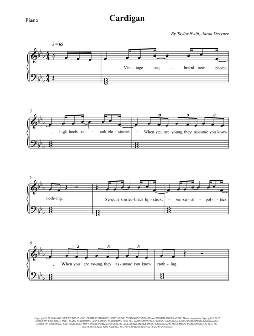 Cardigan (Arr. Wesley S. SIlva) - Taylor Swift (Piano-Vocal-Guitar (Piano Accompaniment))