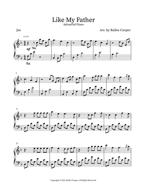 Like My Father (Arr. Bailee Cooper) - Jax (Piano Solo)