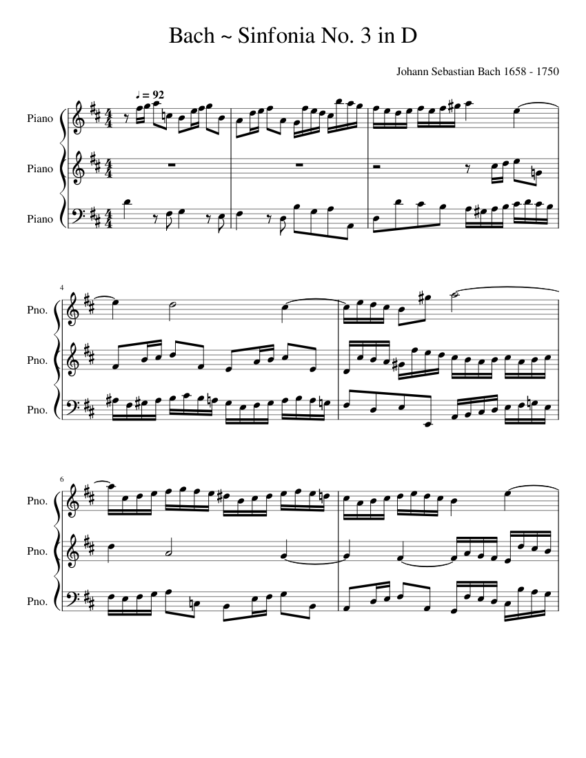 Bach ~ Sinfonia No. 3 in D (*Split parts) Sheet Music for Piano