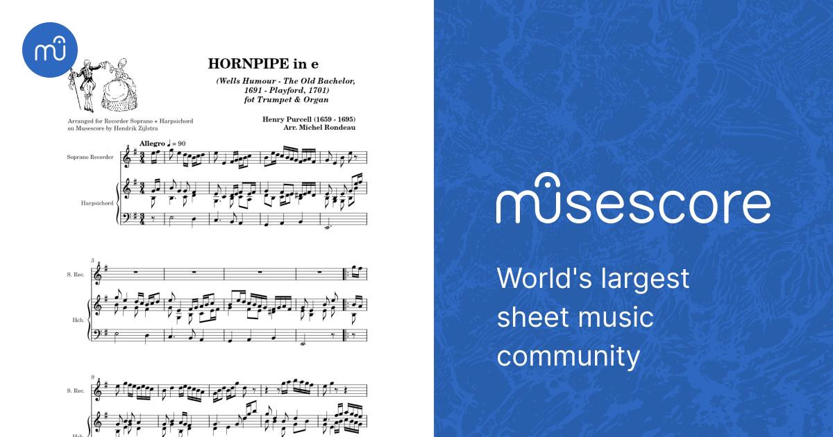 Z 607 Purcell H, HORNPIPE, Recorder S+Hch Sheet Music for