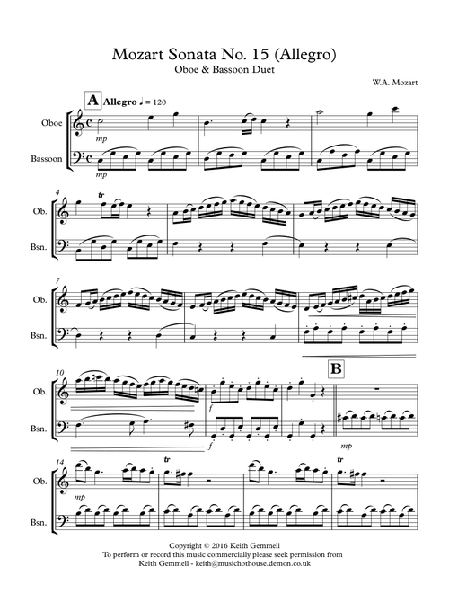 Mozart Sonata No.15 (Allegro): Oboe & Bassoon Duet (Arr. Keith Gemmell) - W.A. Mozart (Instrumental Duet)