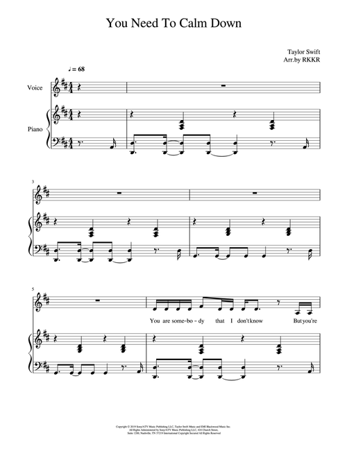 You Need To Calm Down (Arr. RKKR) - Taylor Swift (Piano Vocal)