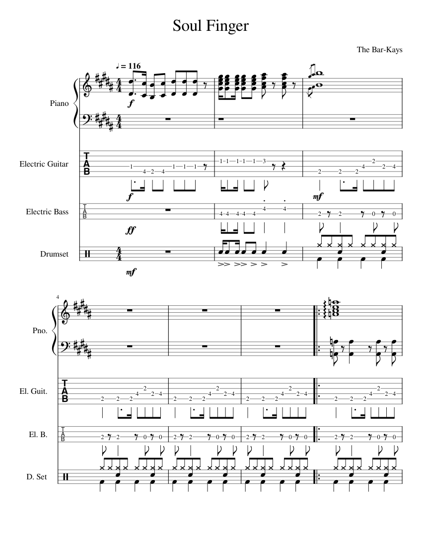 Soul Finger Sheet Music and Tab for Piano, Guitar, Bass guitar, Drum ...