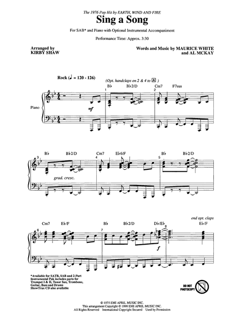 Sing A Song (arr. Kirby Shaw) - Earth Wind & Fire (Choral, SAB)