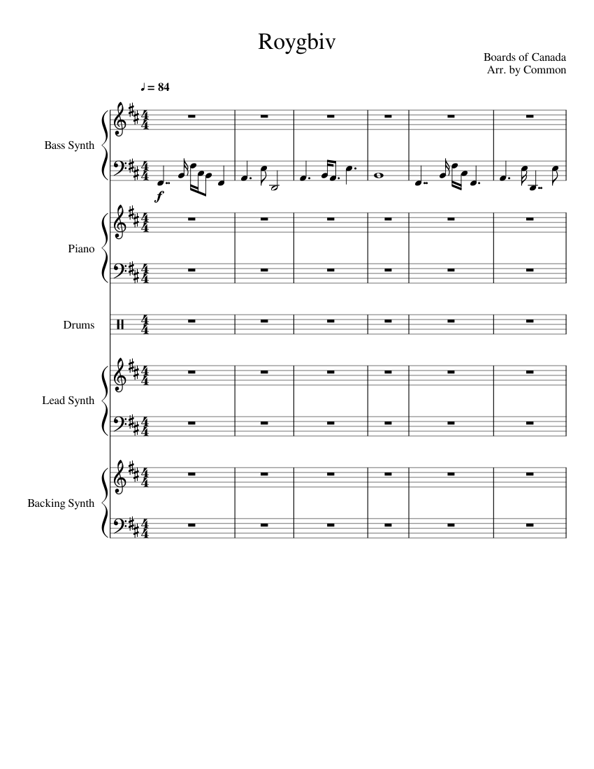 Roygbiv Boards of Canada Sheet music for Piano, Bass guitar, Drum