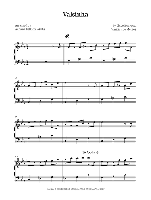 Valsinha (Arr. Adriana Bellucci Jakutis) - Chico Buarque, Vinicius de Moraes (Easy Piano)