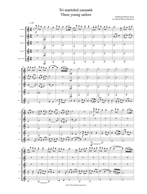 Tri Martolod Yaouank (Three young sailors) for clarinet quintet (Arr. David Warin Solomons) - Traditional (Woodwind Ensemble)