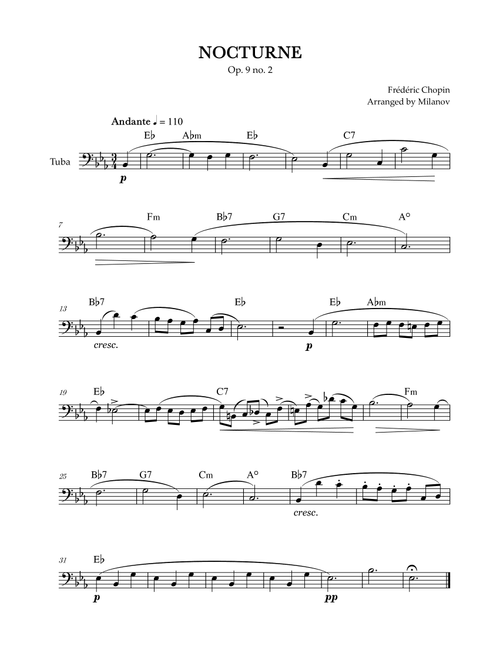 Chopin Nocturne op. 9 no. 2 | Tuba | E-flat Major | Chords | Easy beginner (Arr. Milanov) - Frédéric Chopin (Tuba Solo)