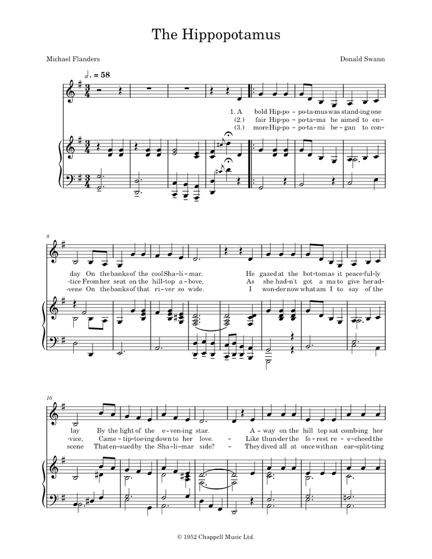 The Hippopotamus Song Flanders and Swann Sheet music for Piano