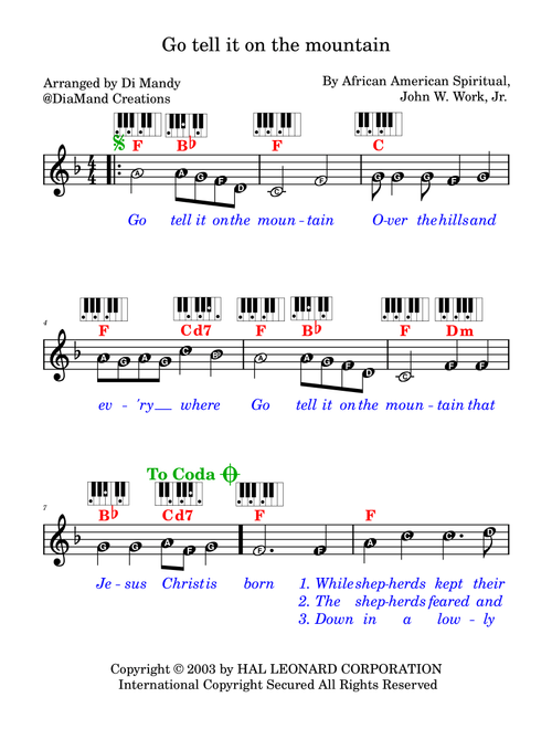 Go, Tell It On The Mountain (Arr. Dianne Mandy) - John W Work Jr, African American Spiritual (Lead Sheet - Fake Book)