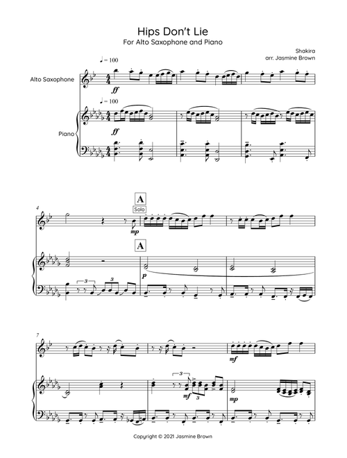 Hips Don't Lie (Arr. Jasmine Brown) - Shakira Featuring Wyclef Jean (Alto Sax and Piano)
