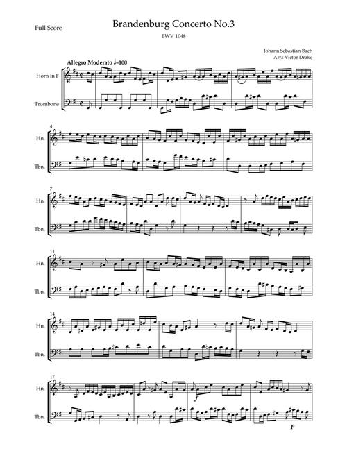 Brandenburg Concerto No. 3 in G major, BWV 1048 1st Mov. (J.S. Bach) for Trombone Duo (Arr. Victor Drake) - Joahann Sebastian Bach (Trombone Duet)