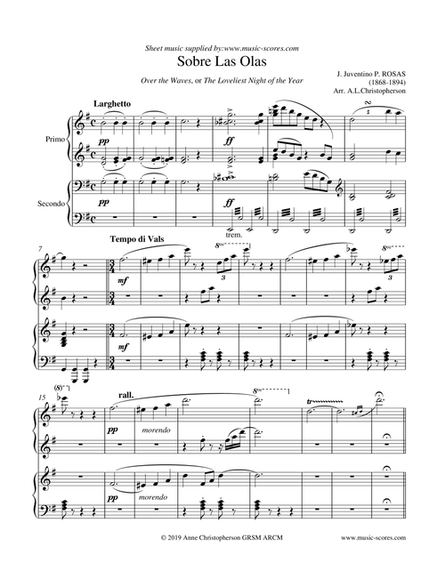 Over the Waves - Piano Duet (Arr. Anne L Christopherson GRSM ARCM) - Rosas, Juventino (Instrumental Duet)