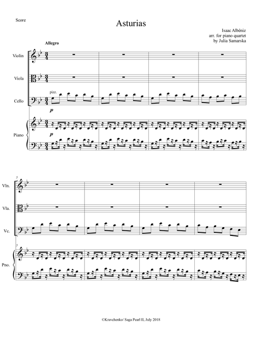 Isaac Albeniz - "Asturias" arr. for piano quartet (score and parts) (Arr. Julia Samarska) (String Ensemble)