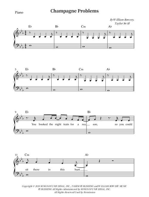 Champagne Problems (Arr. Wesley S. SIlva) - Taylor Swift (Piano-Vocal-Guitar (Piano Accompaniment))