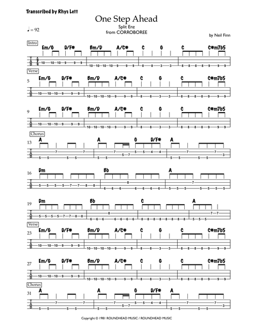 One Step Ahead (Arr. Rhys Lett) - Neil Finn (Bass Tab)