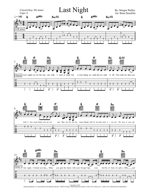 Last Night (Arr. Brian Streckfus) - Morgan Wallen (Guitar Tab with Voice)