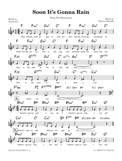 Soon It's Gonna Rain – leadsheet [Tom Jones, Harvey Schmidt]
