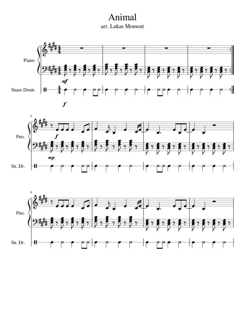 Animal Sheet music for Piano, Snare drum (Mixed Duet) 