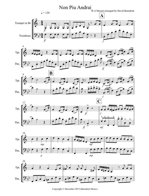 Non Più Andrai for Trumpet and Trombone Duet (Arr. David Burndrett) - W.A Mozart (Instrumental Duet)