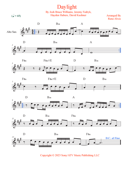 Daylight (Arr. Rene Alves) - David Kushner (Alto Sax Solo)